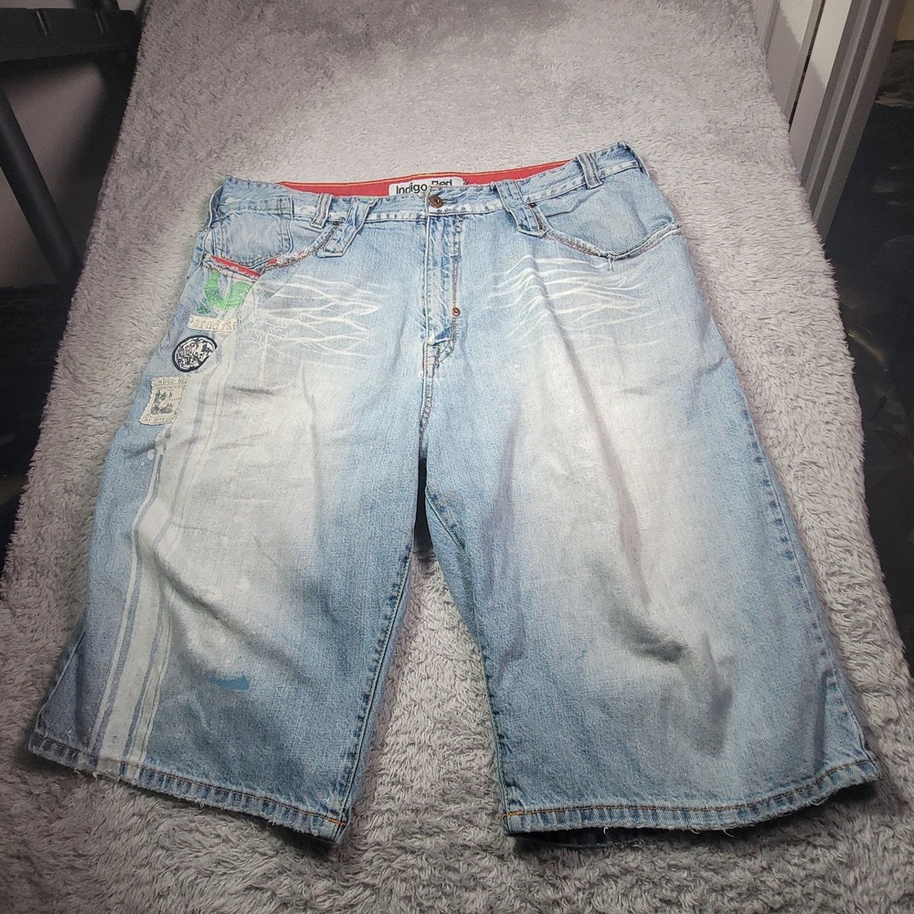 INDIGO RED DENIM BAGGY SHORTS Vtg Size 38 Vintage Hip Hop